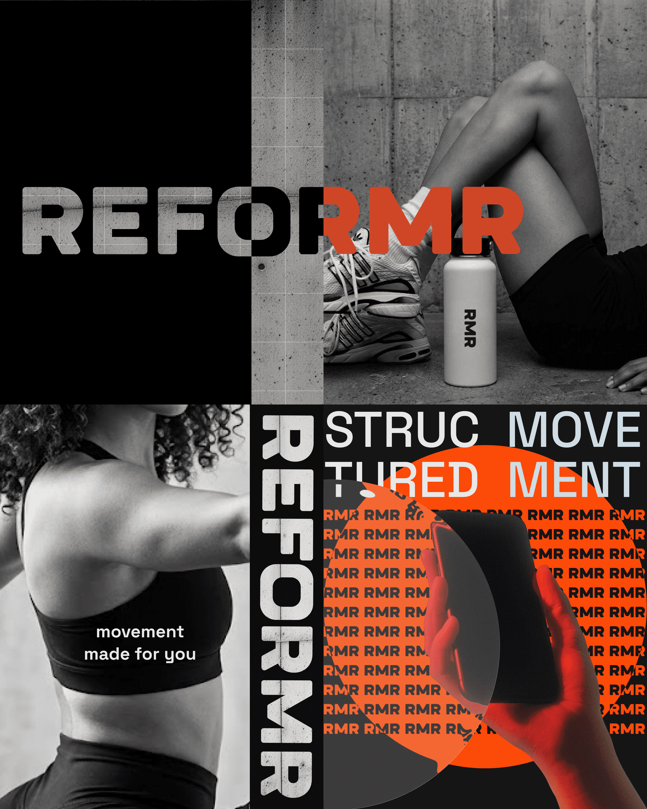 REFORMR Pilates concept with black, white, and orange editorial branding