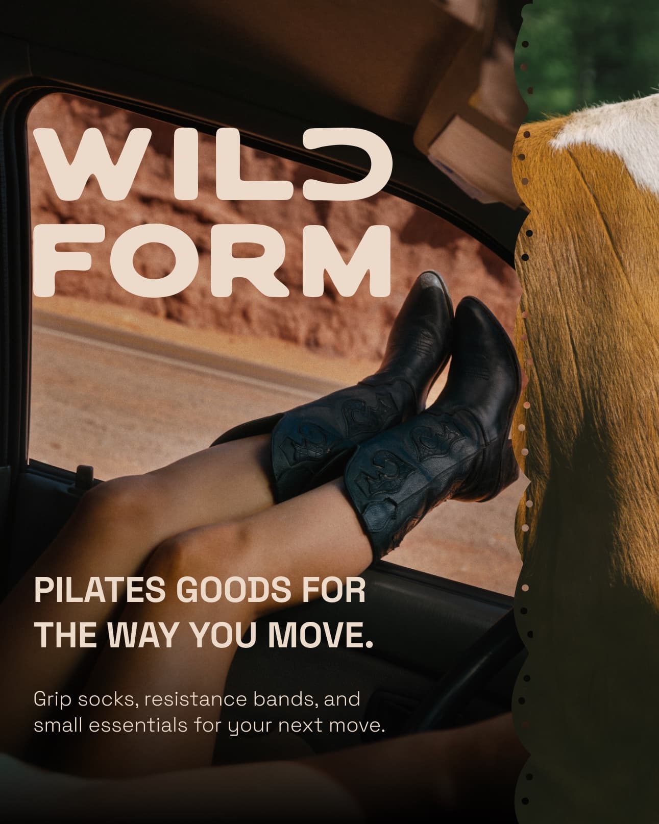 Wild Form Pilates brand design combining a bold wordmark, cowhide texture, black grip socks, and an editorial outdoor image.