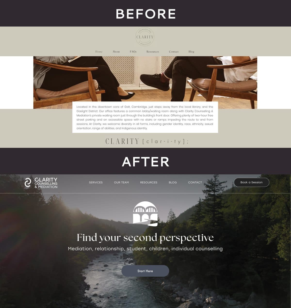 Before and after website redesign for Clarity Counselling