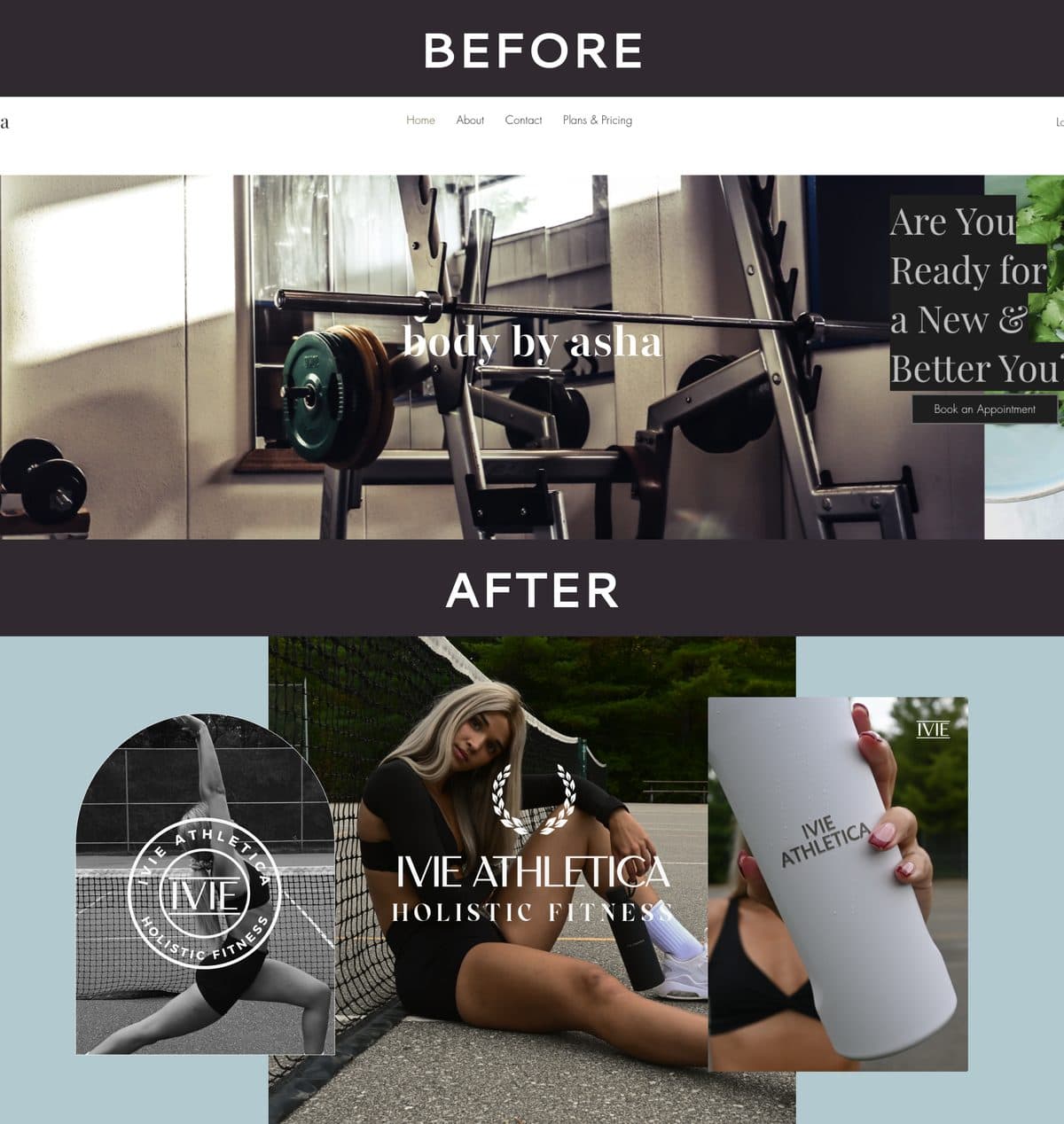 Before and after brand transformation for Ivie Athletica