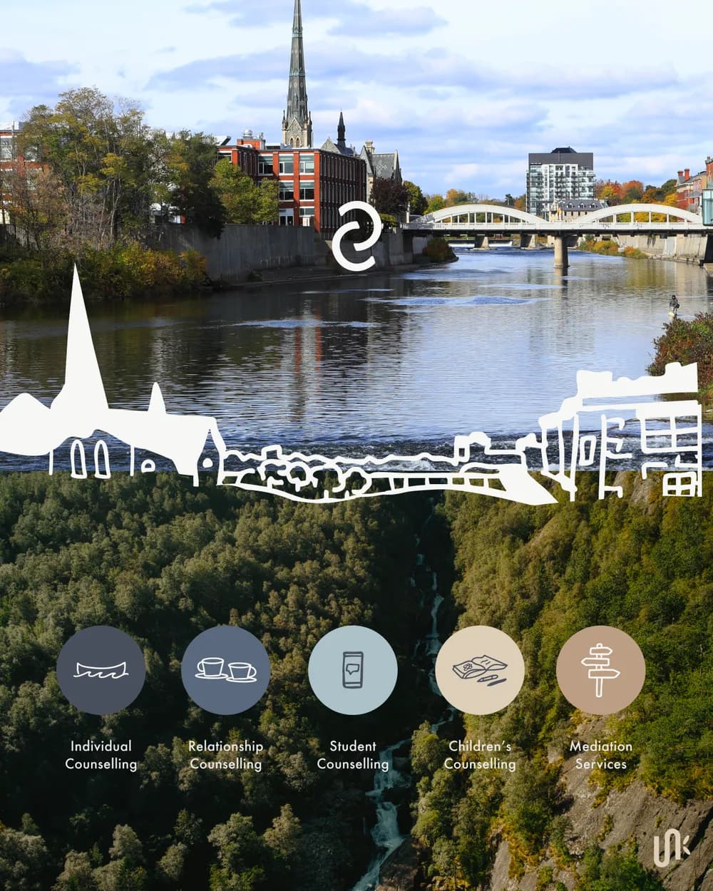 Clarity Counselling custom illustrations inspired by Cambridge landmarks and the Grand River