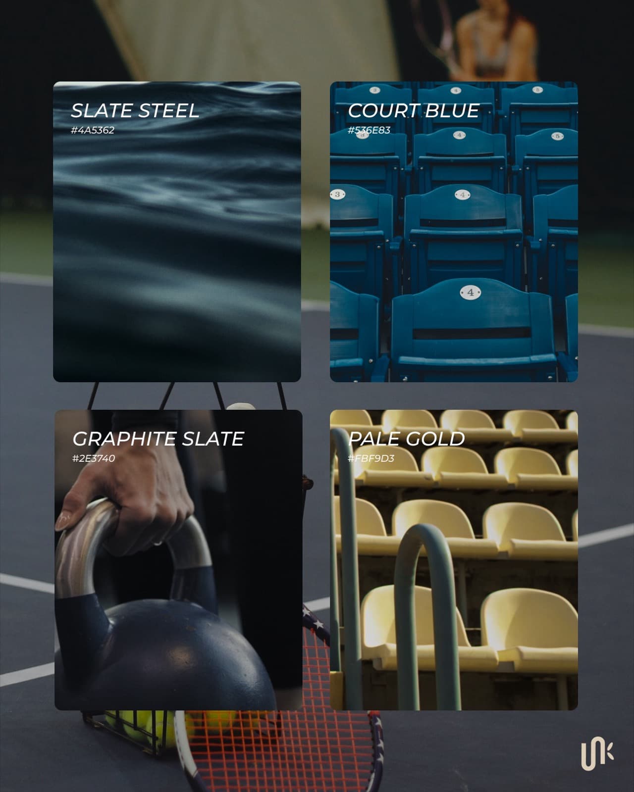 Mind Body Sport colour system with Slate Steel, Court Blue, Graphite Slate, and Pale Gold