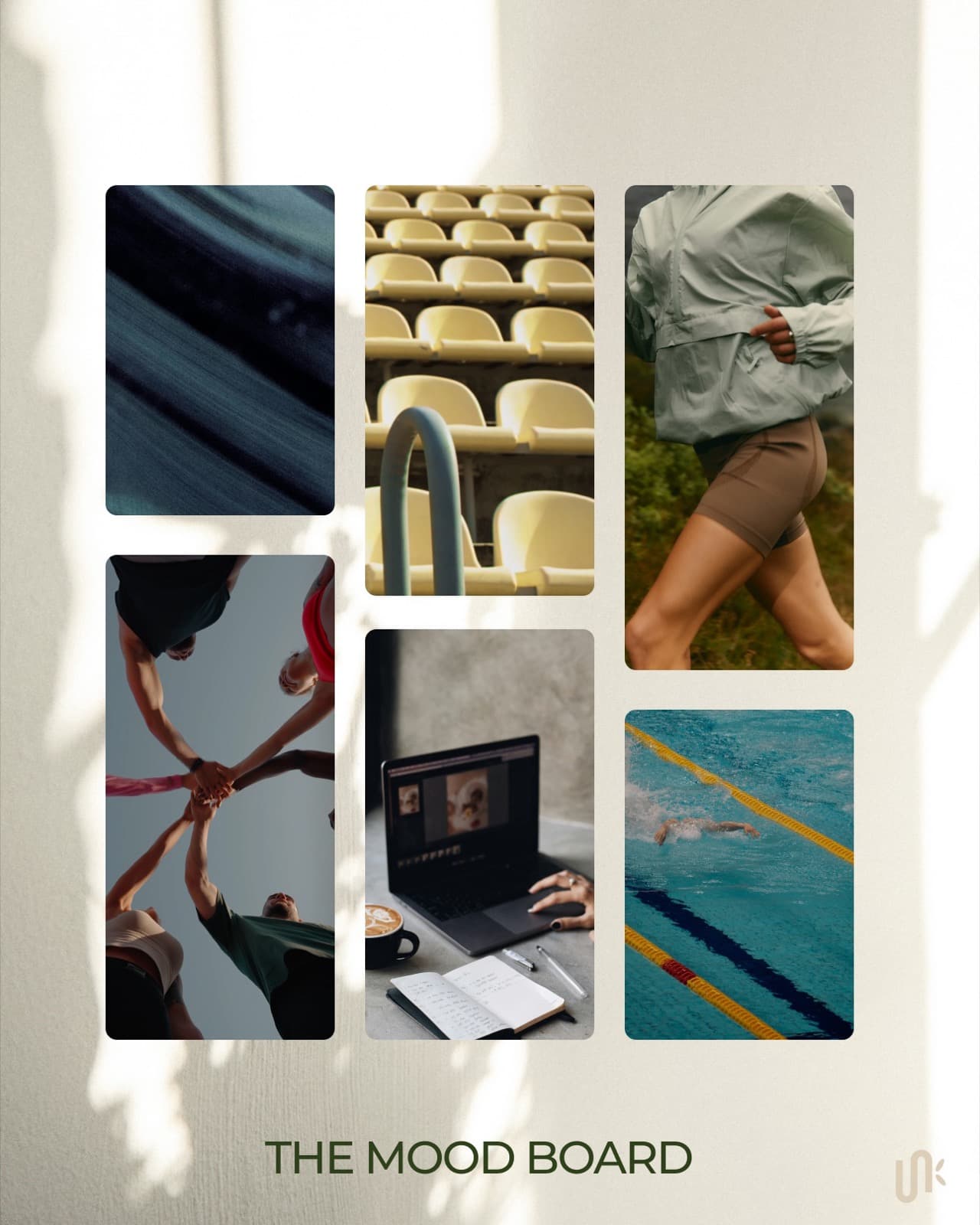 Mind Body Sport moodboard with stadium, team, and performance photography
