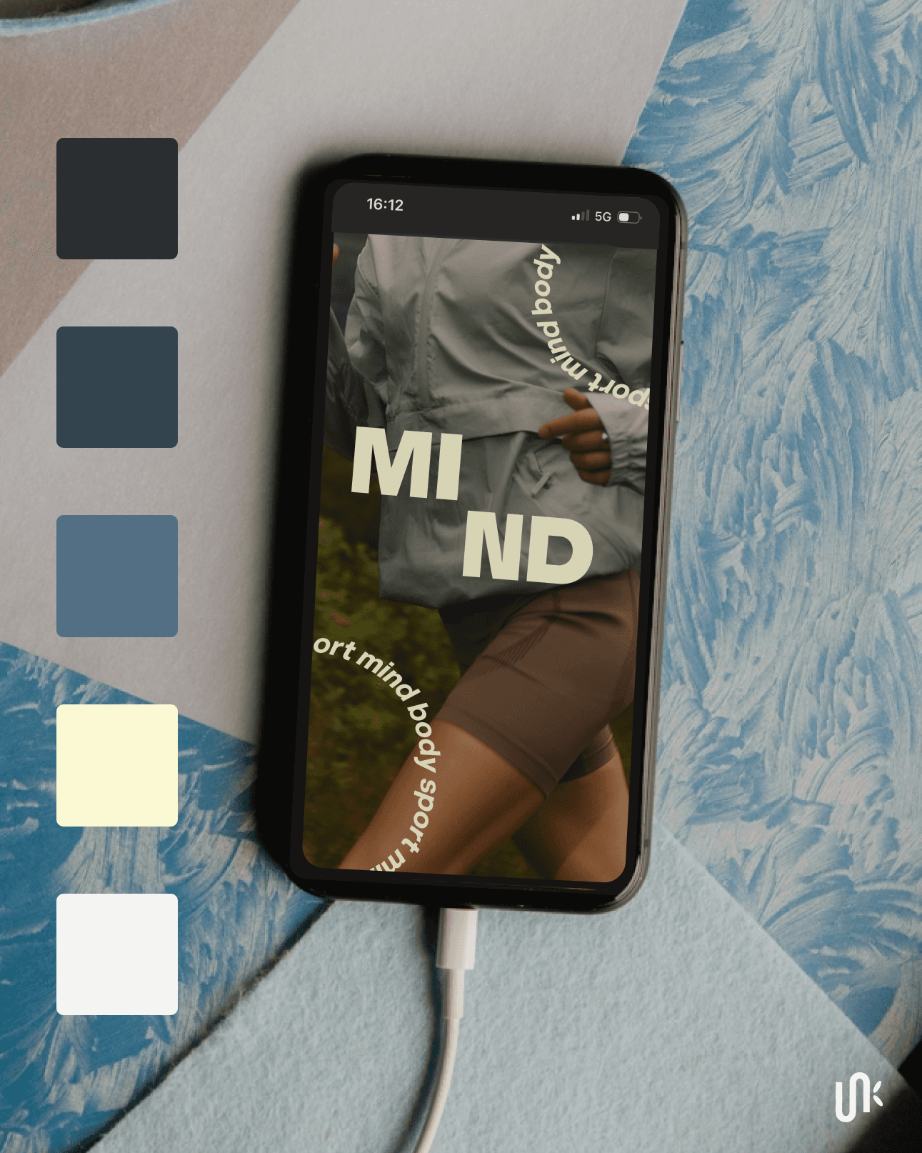Mind Body Sport mobile mockup with MI ND typography beside the brand colour palette