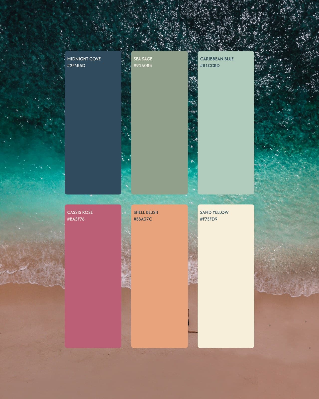 Revel and Reset colour palette over an aerial coastal photograph