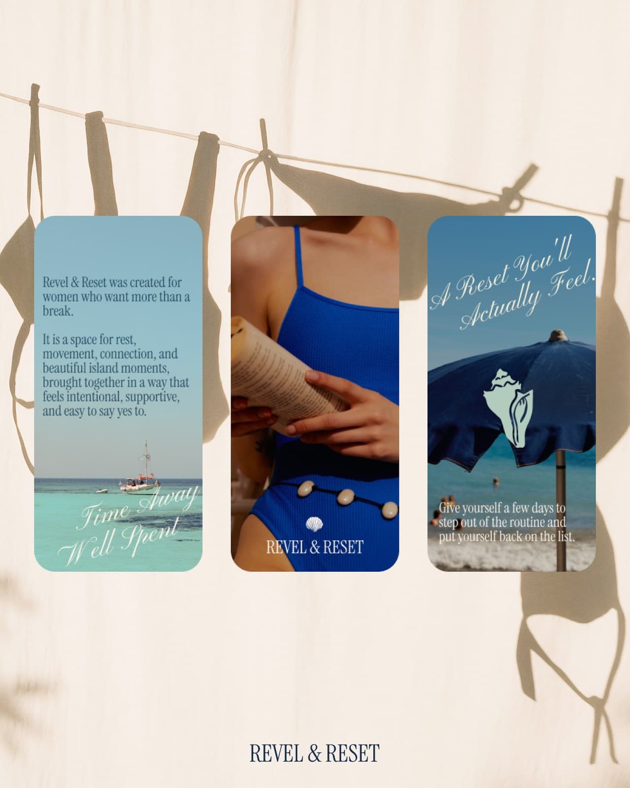 Revel and Reset story panels with coastal photography and Time Away Well Spent messaging