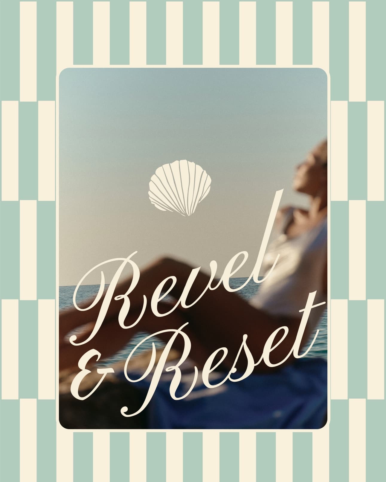 Revel and Reset identity still with shell mark, script wordmark, and coastal stripe pattern