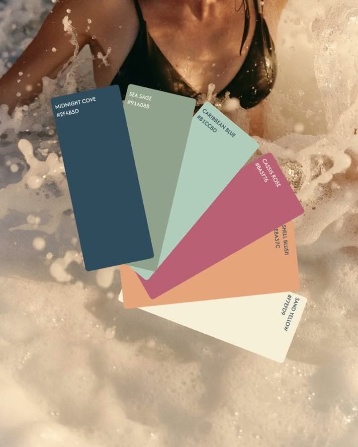Revel and Reset colour swatches animating over coastal photography