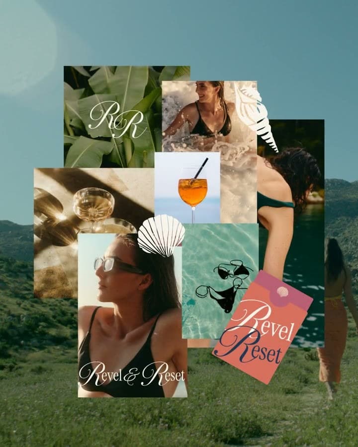 Revel and Reset moodboard motion with coastal travel photography and brand marks