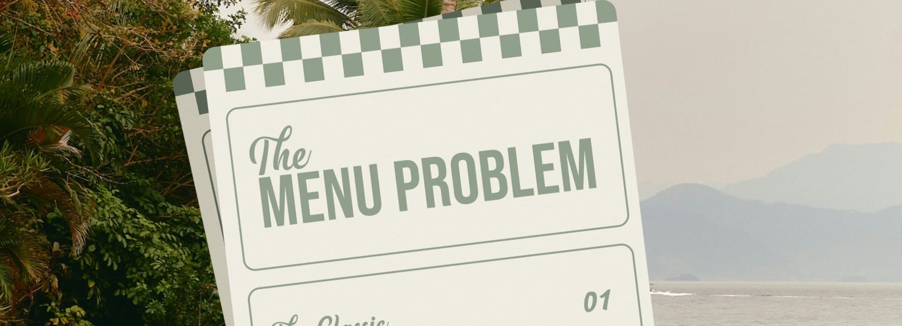 A green and cream checkerboard menu design against a tropical backdrop.