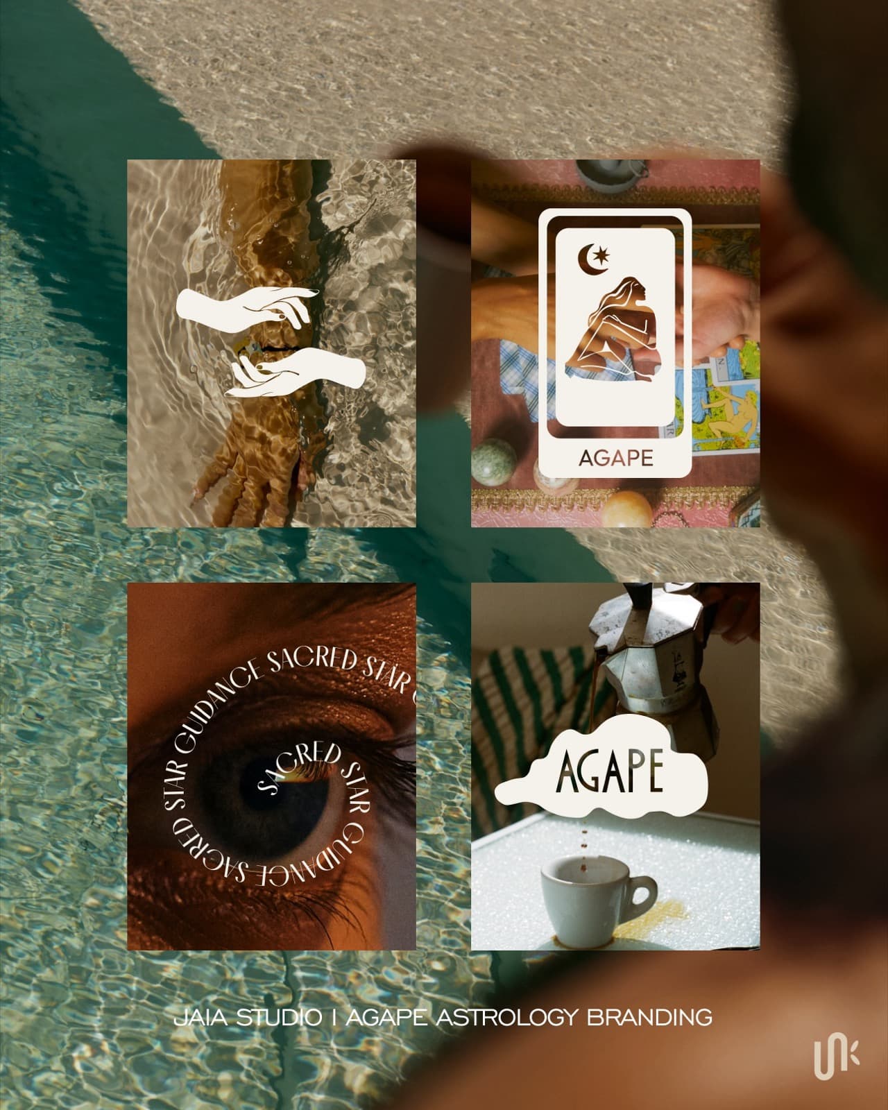Agape Astrology brand applications collage with logo mark, sacred star guidance type, and lifestyle photography