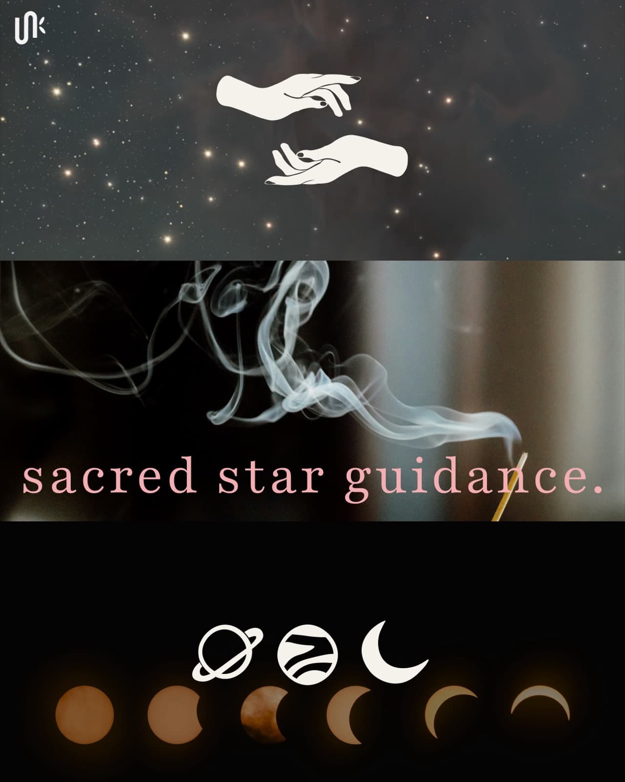 Agape Astrology graphic system with mirrored hands, sacred star guidance type, and lunar eclipse icons