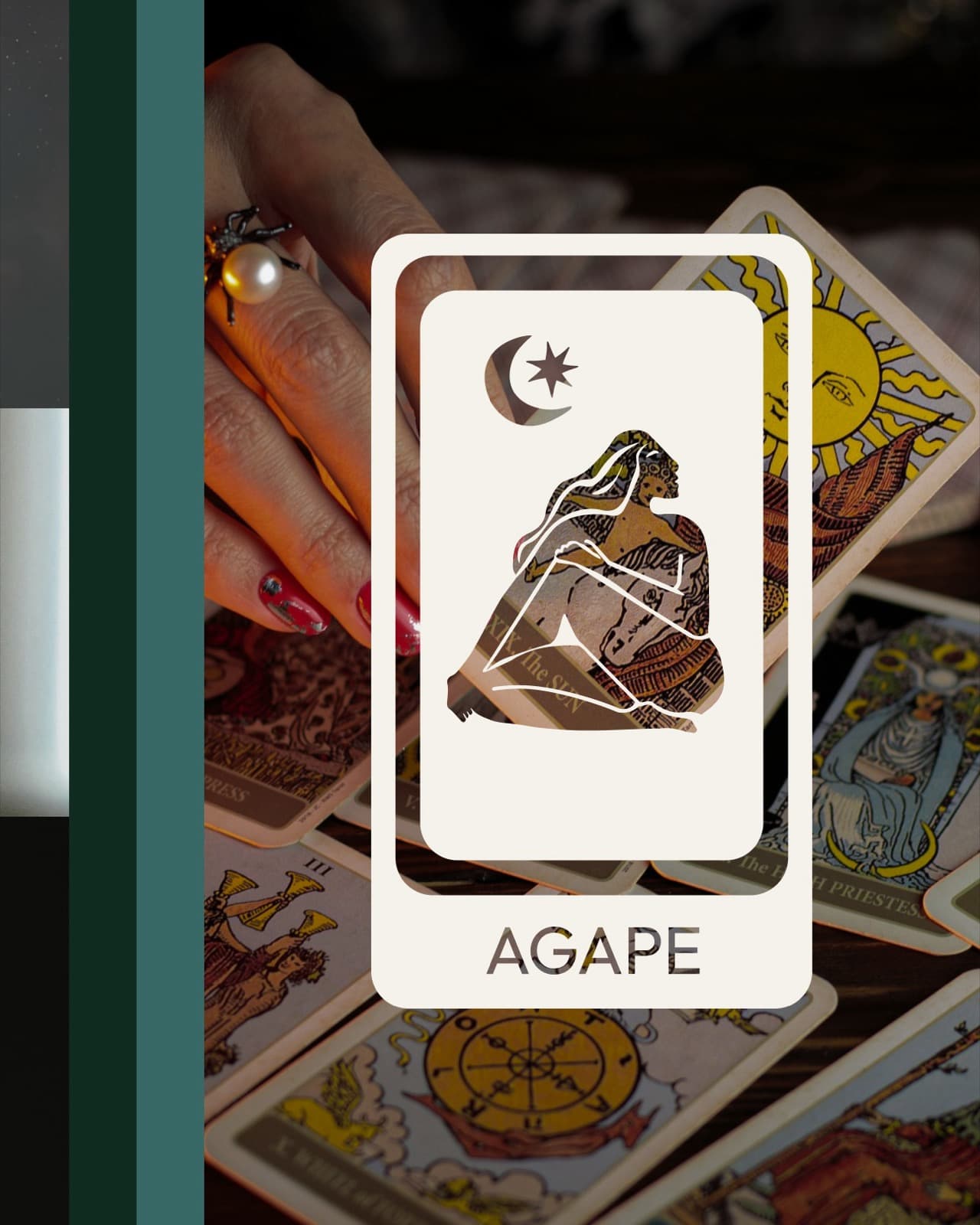 Agape logo card with seated figure mark over a tarot reading table