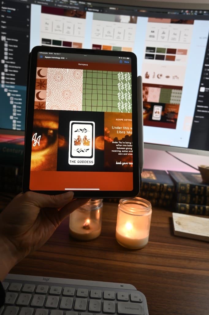 Agape Astrology brand patterns and mockups previewed on an iPad beside the Figma file