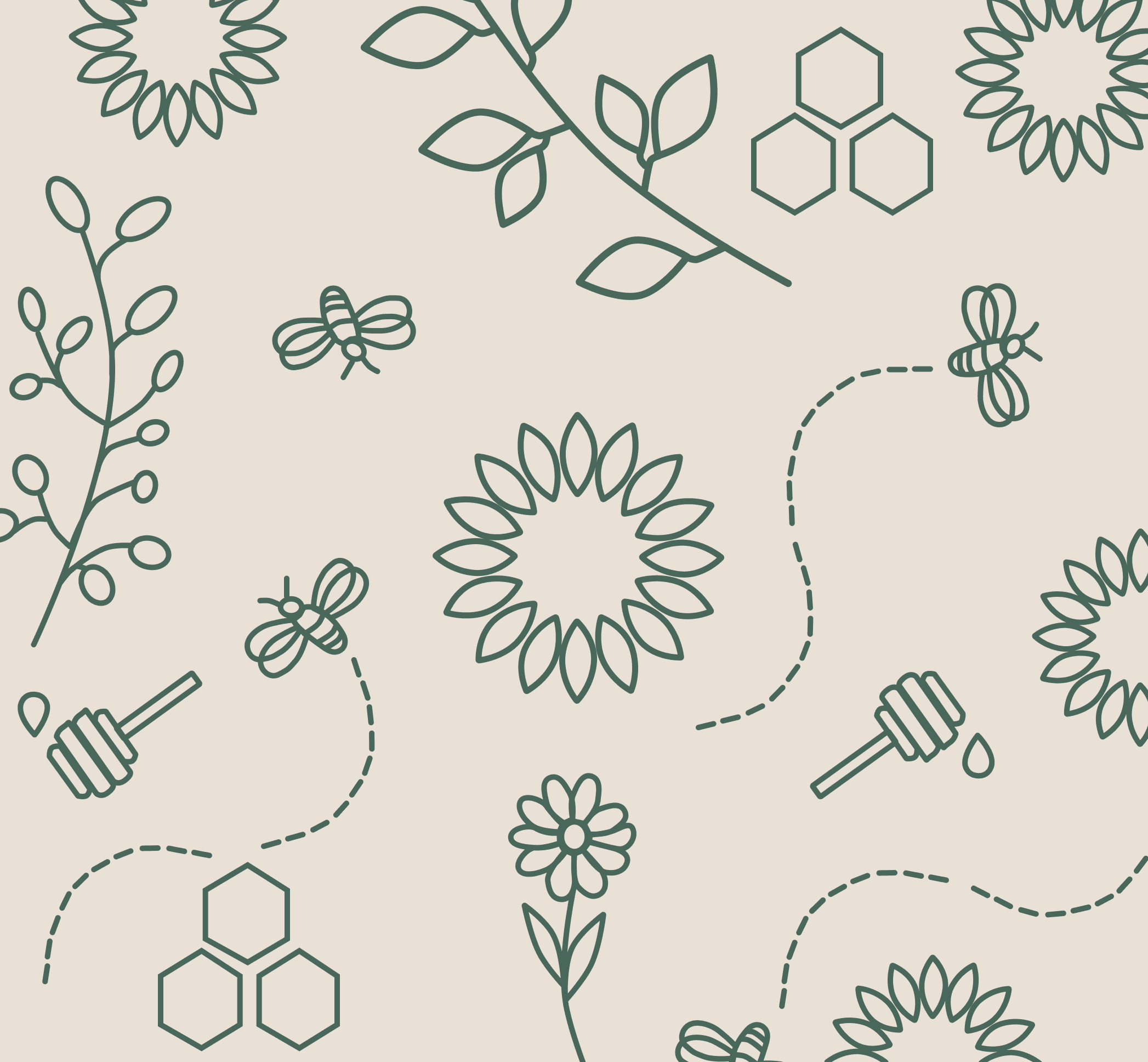 Alexandra's Farm botanical pattern with bees, honeycomb, flowers, and ingredients