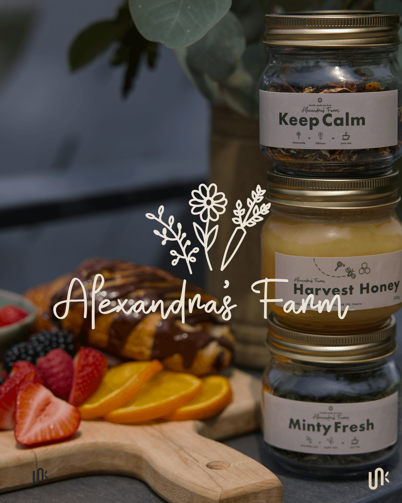 Alexandra's Farm tea and honey jars with custom labels and botanical illustrations