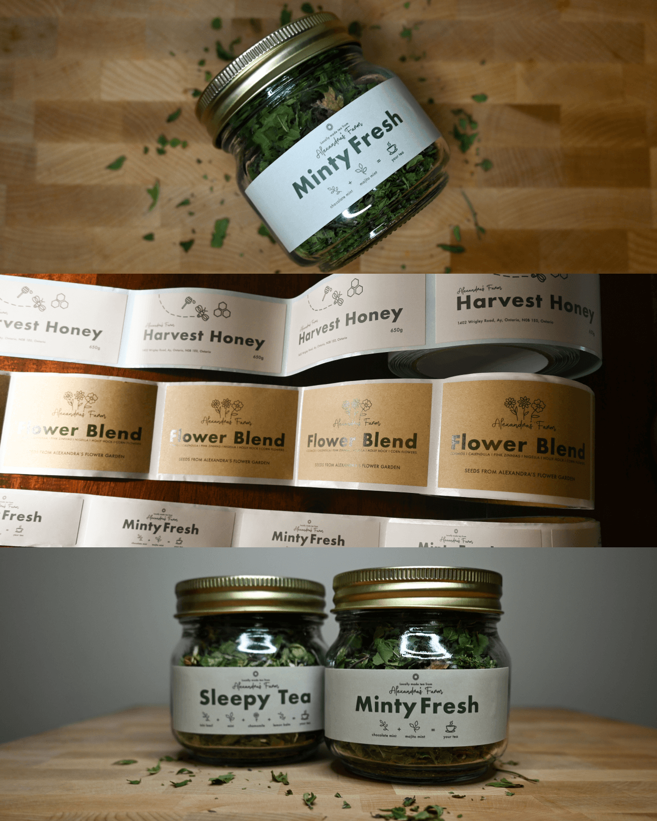 Alexandra's Farm tea and honey labels across several products