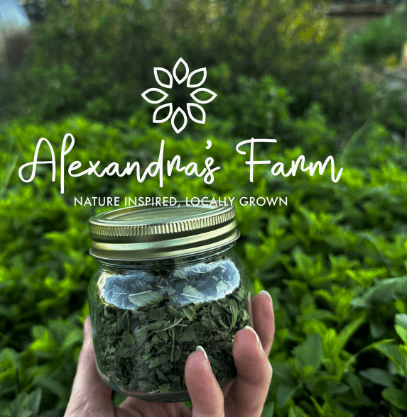 Alexandra's Farm wordmark over a jar of locally grown dried herbs
