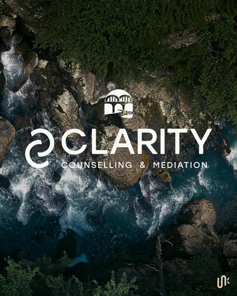 Clarity Counselling and Mediation identity over an aerial river landscape