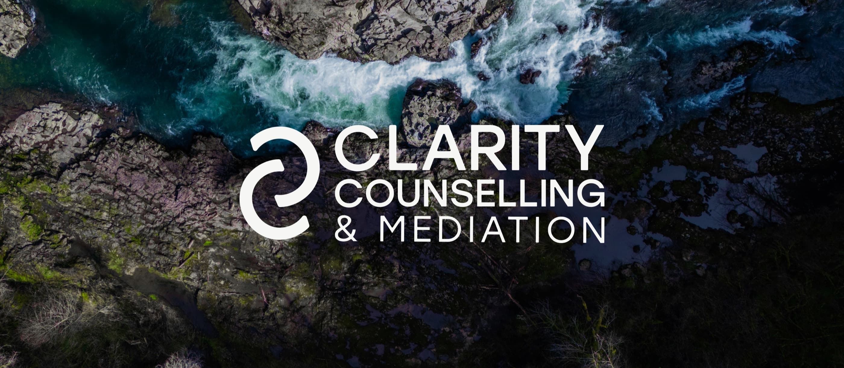 Clarity Counselling and Mediation wordmark and link mark over an aerial river rapids photograph