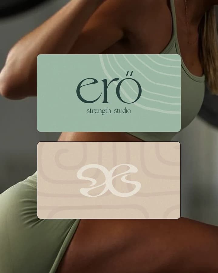 erő Strength Studio business-card concept with a sage wordmark front and a sand-coloured abstract-mark reverse over fitness photography