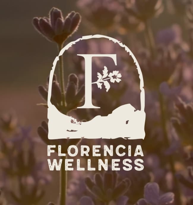 Florencia Wellness arched F logo and wordmark over soft lavender photography