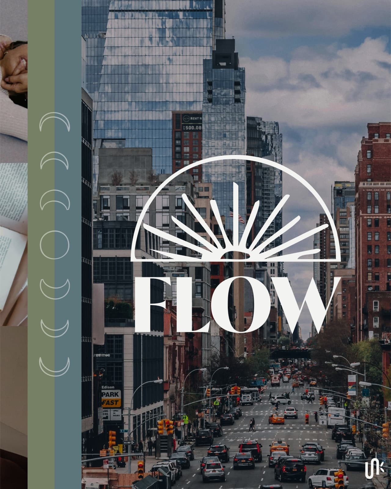 FLOW sunburst lockup over a city avenue with moon phase sidebar