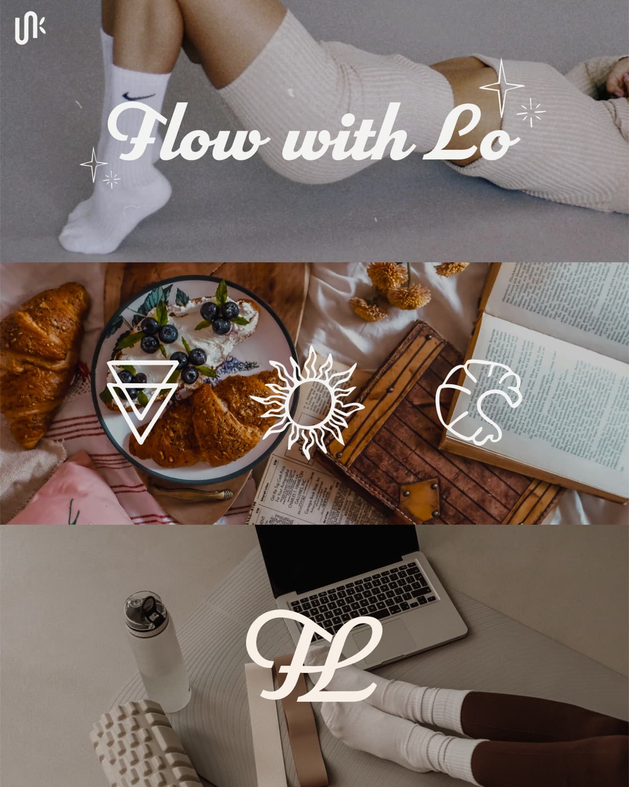 Stacked Flow with Lo lifestyle frames with script wordmark, icons, and FL monogram