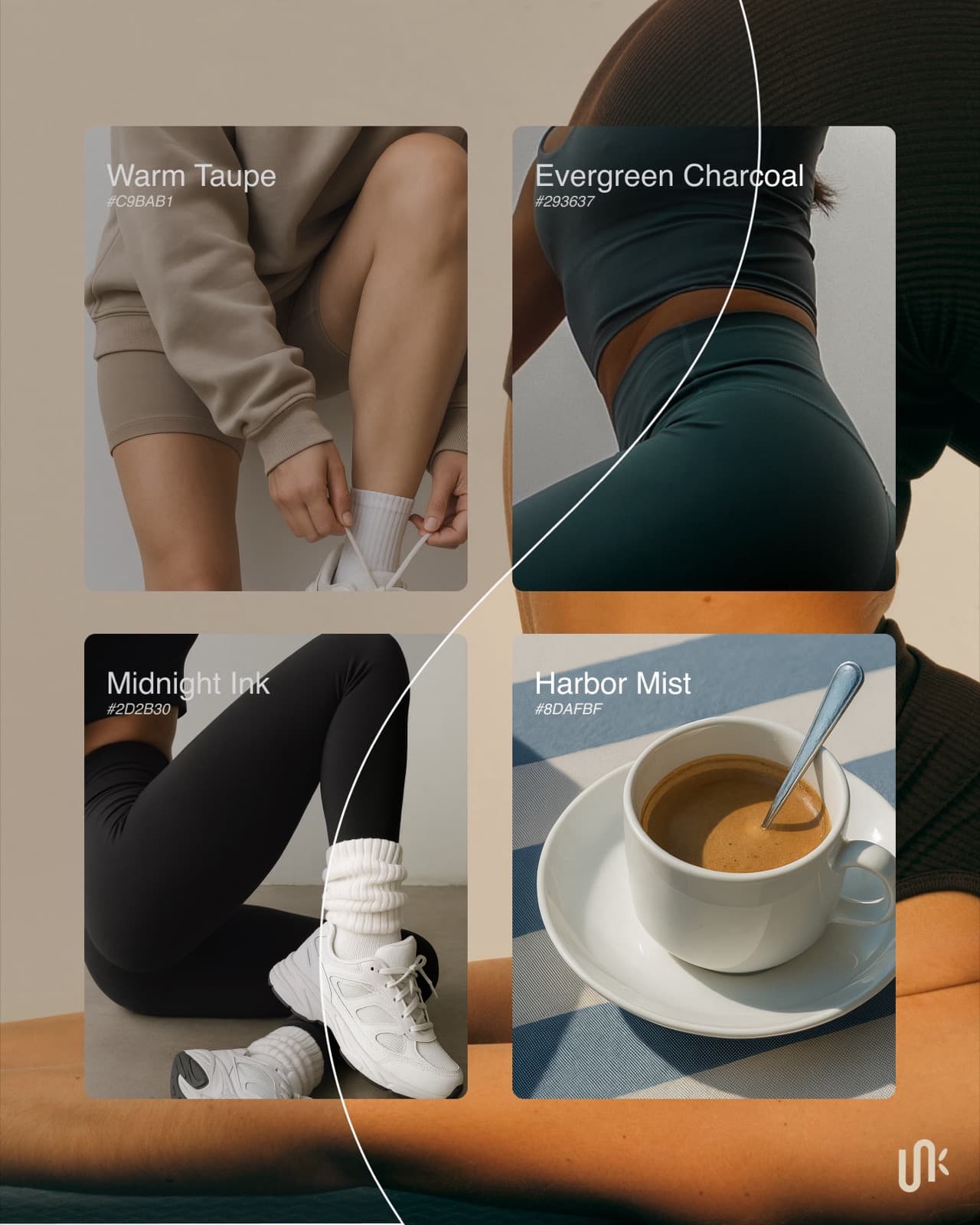 FNK Fitness colour system with Warm Taupe, Evergreen Charcoal, Midnight Ink, and Harbor Mist