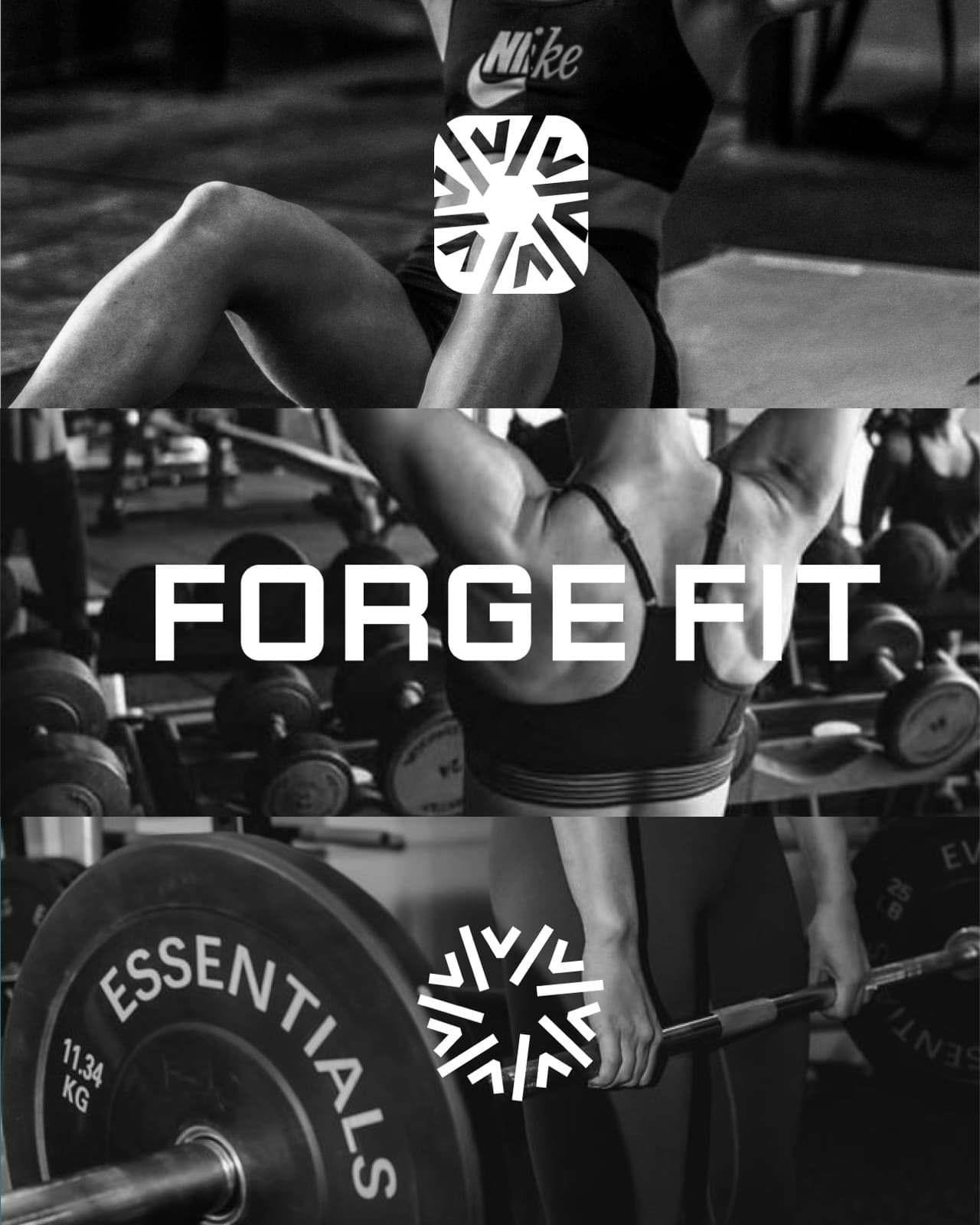 Black and white Forge Fit stack with circular mark, wordmark, and barbell photography