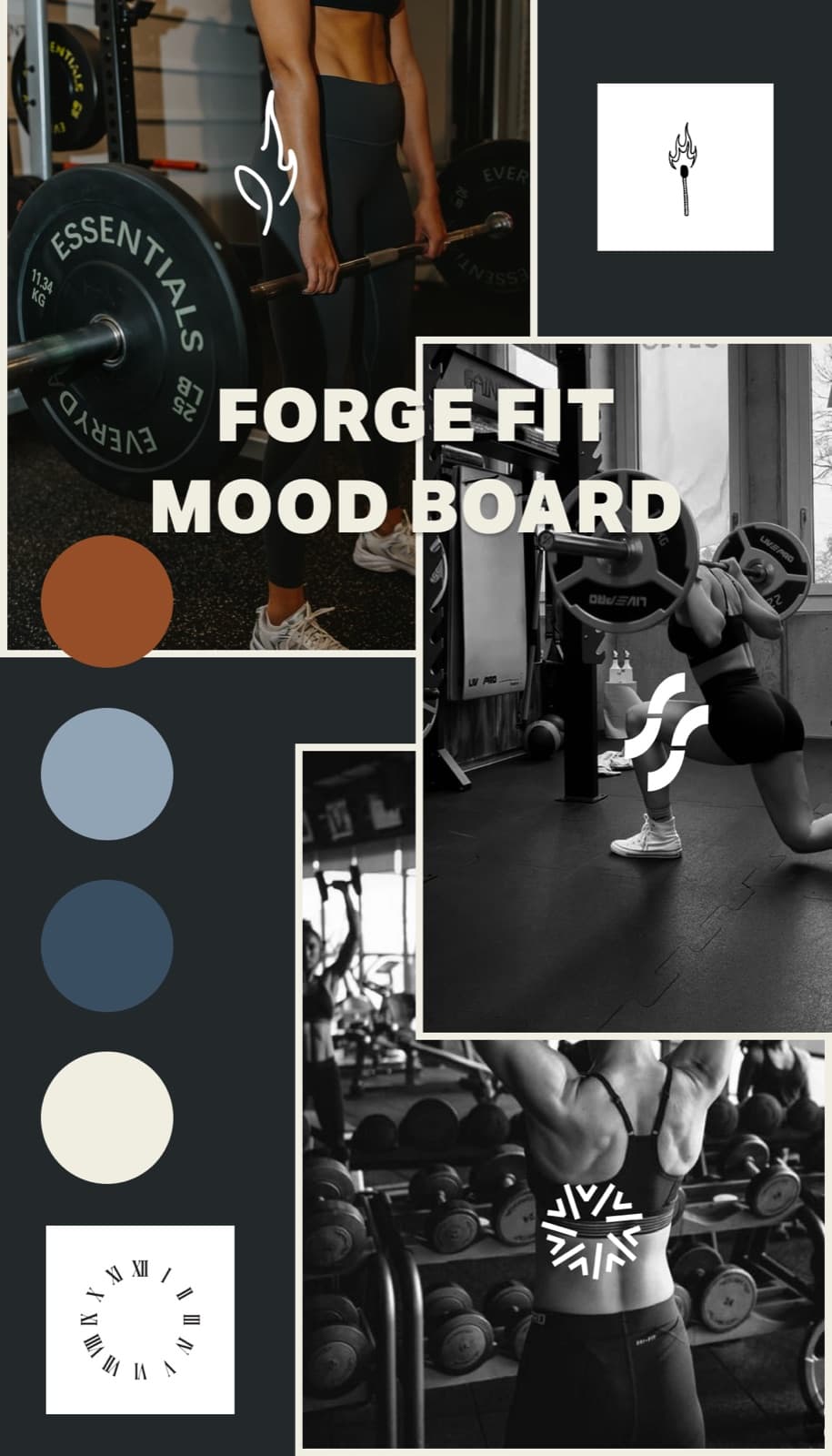 Forge Fit mood board with colour swatches, marks, and strength photography