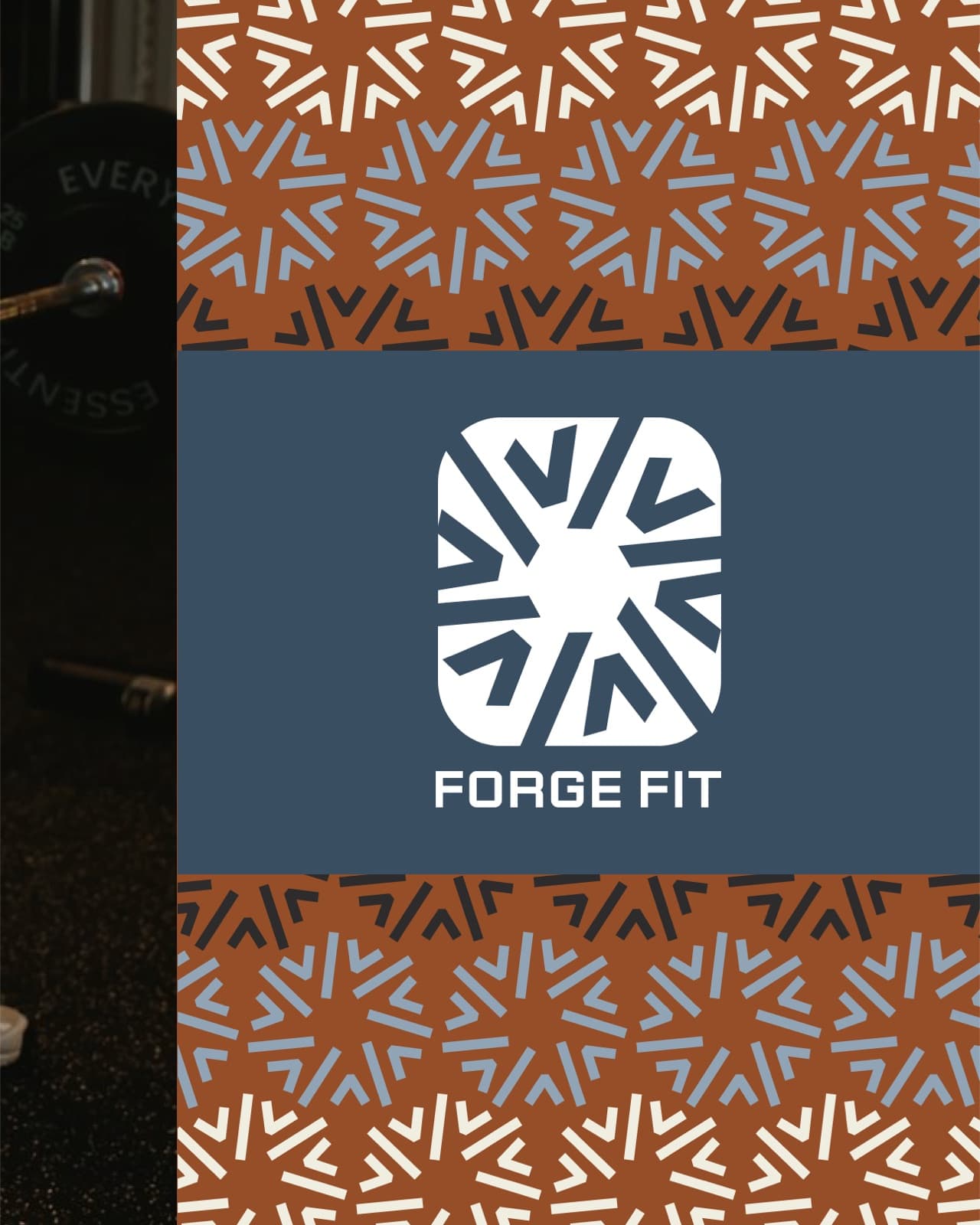 Forge Fit squared mark and wordmark between rust pattern bands over gym photography