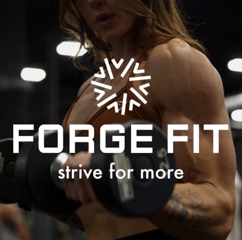 Forge Fit sunburst mark, wordmark, and strive for more line over a dumbbell curl in the gym