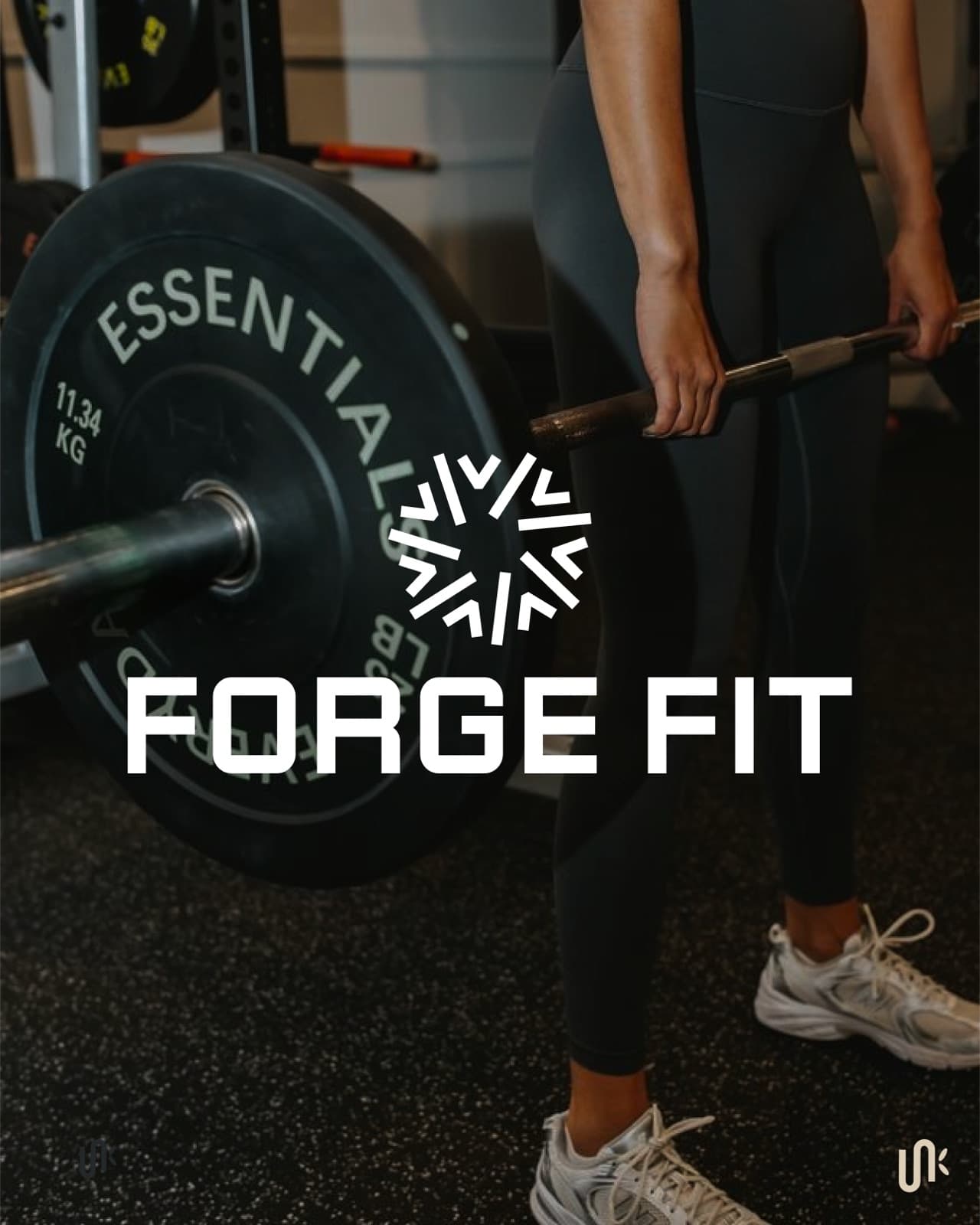 FORGE FIT wordmark and circular mark over barbell and athleticwear photography