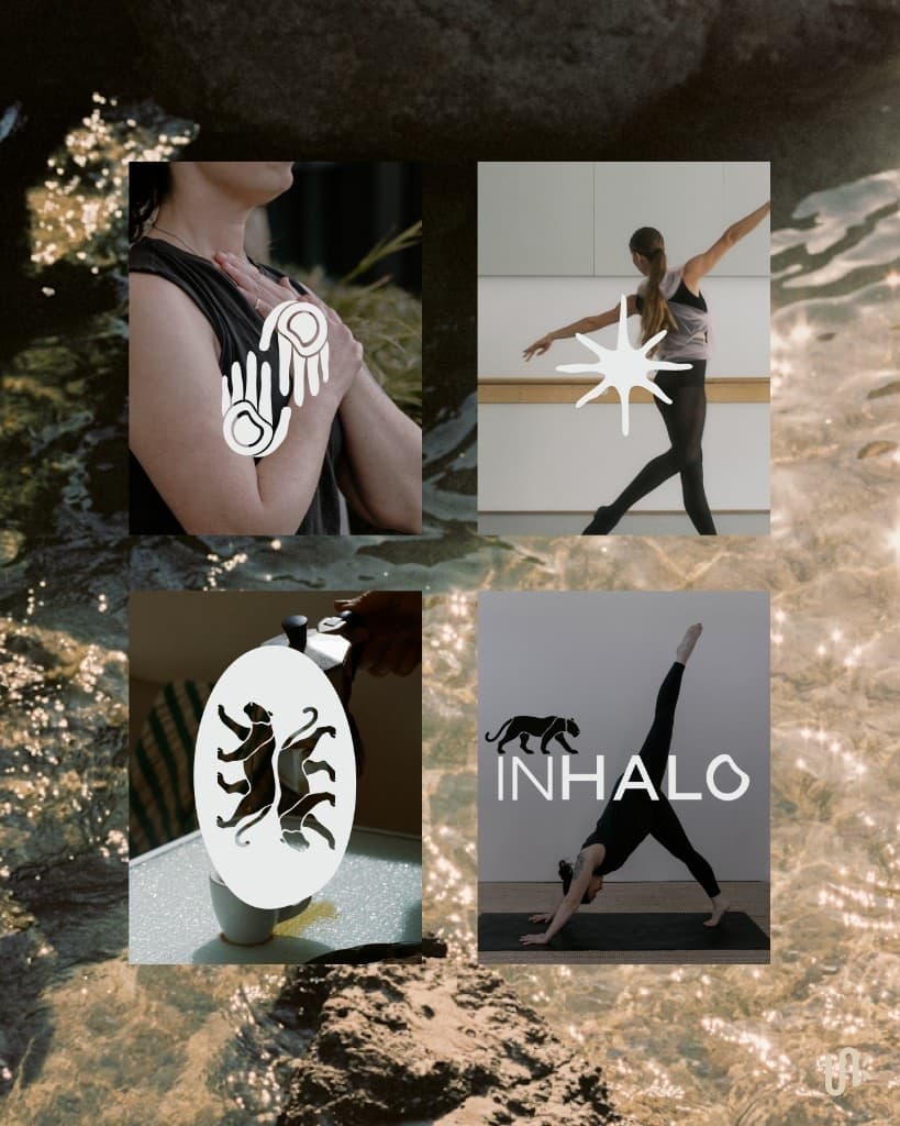 Inhalo branding options board with ritual marks, panther lockups, and lifestyle photography over sunlit water