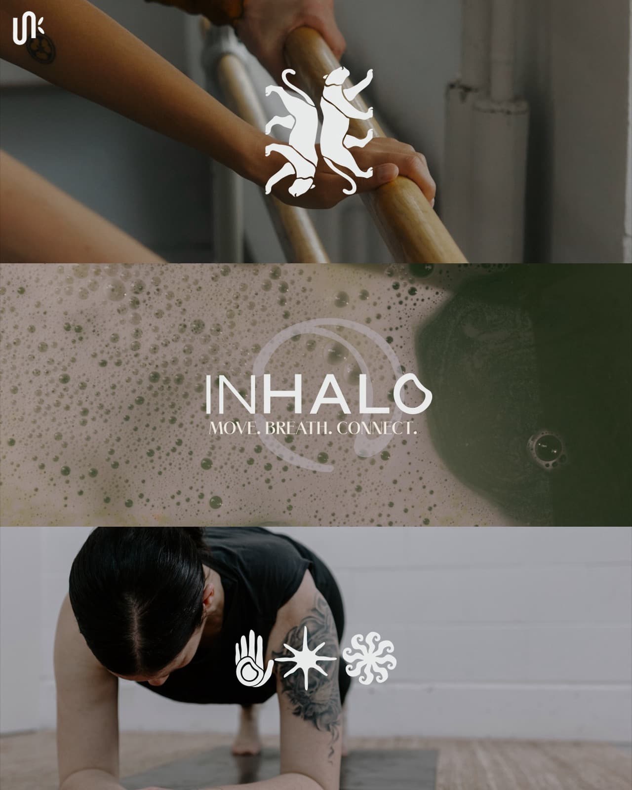 Inhalo Move. Breath. Connect. collage with barre, water, and yoga photography