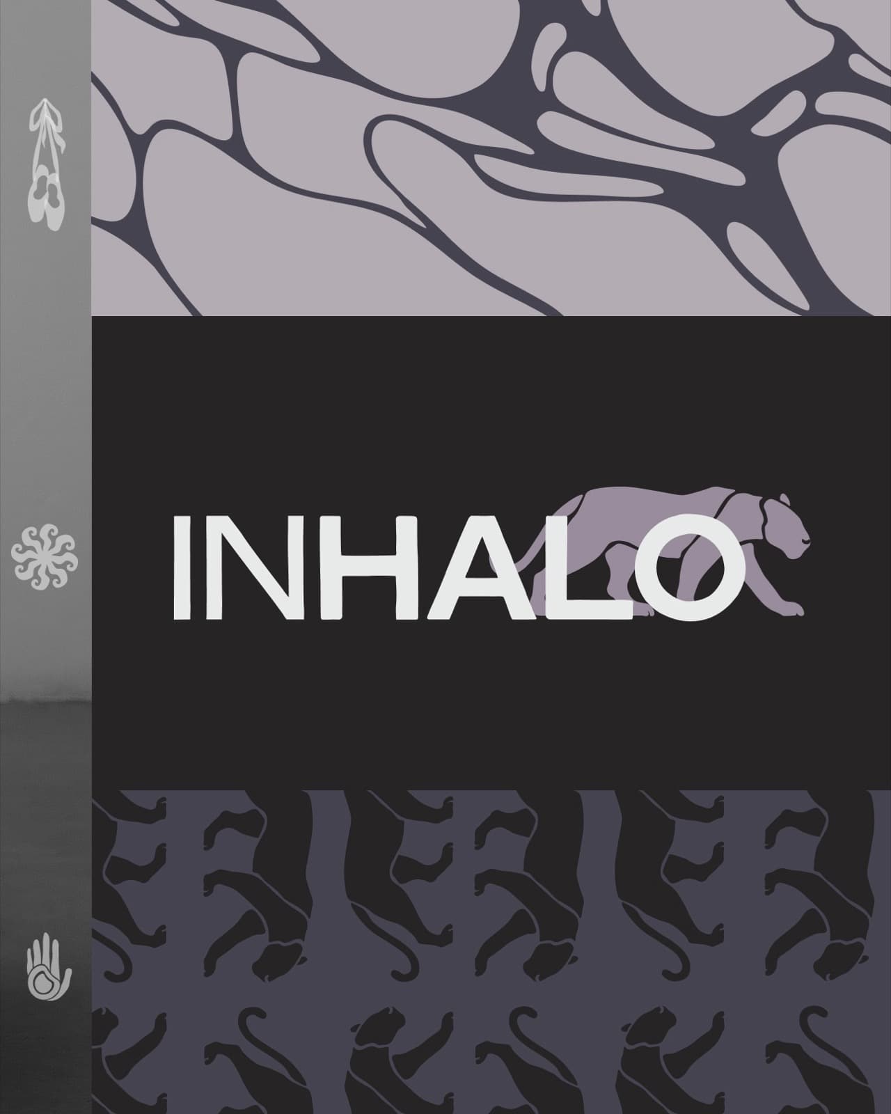 Inhalo pattern system with organic cell motif, panther wordmark band, and icon sidebar