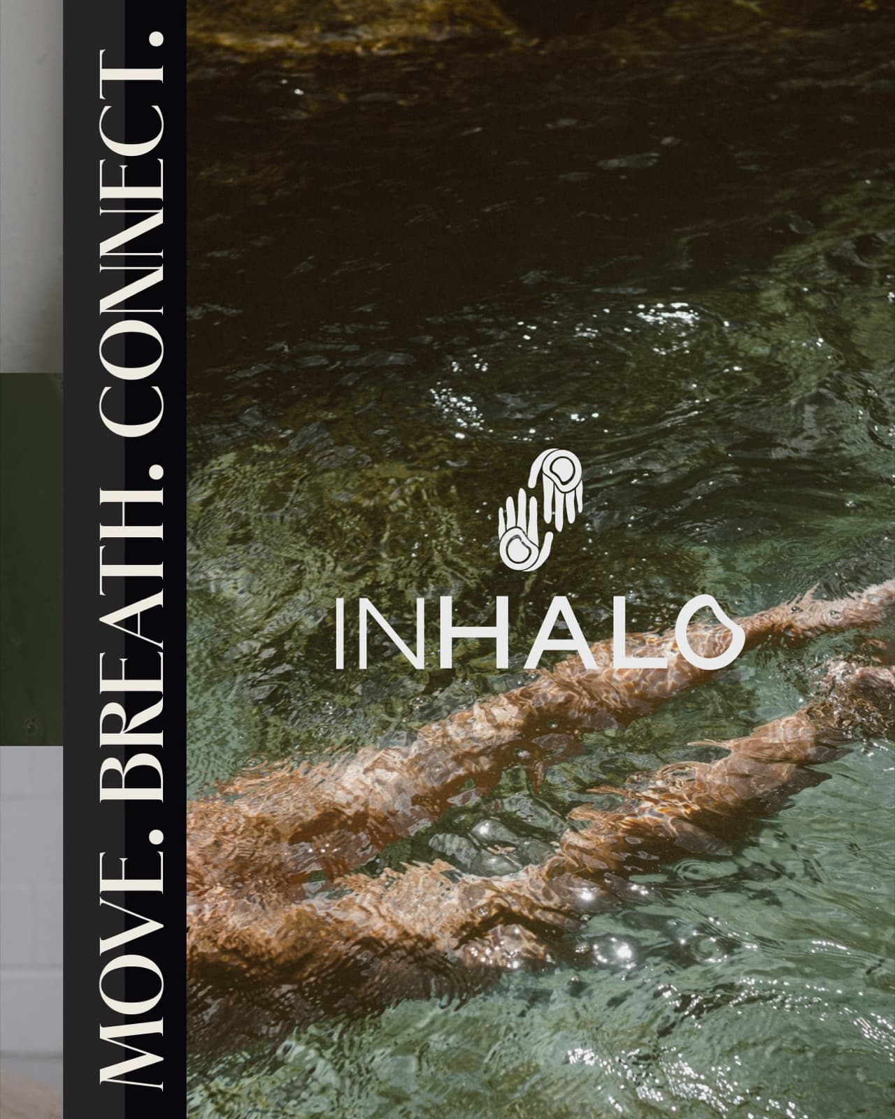 Inhalo wordmark and Move. Breath. Connect. line over underwater swimming photography