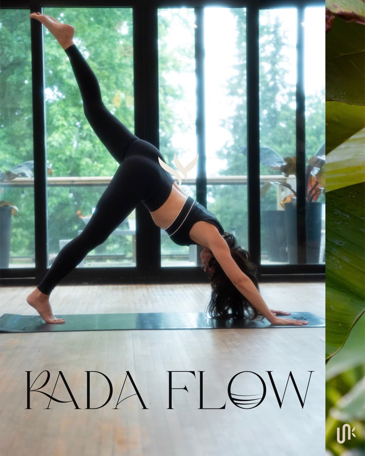 RADA FLOW serif wordmark over studio yoga photography with tropical leaf framing
