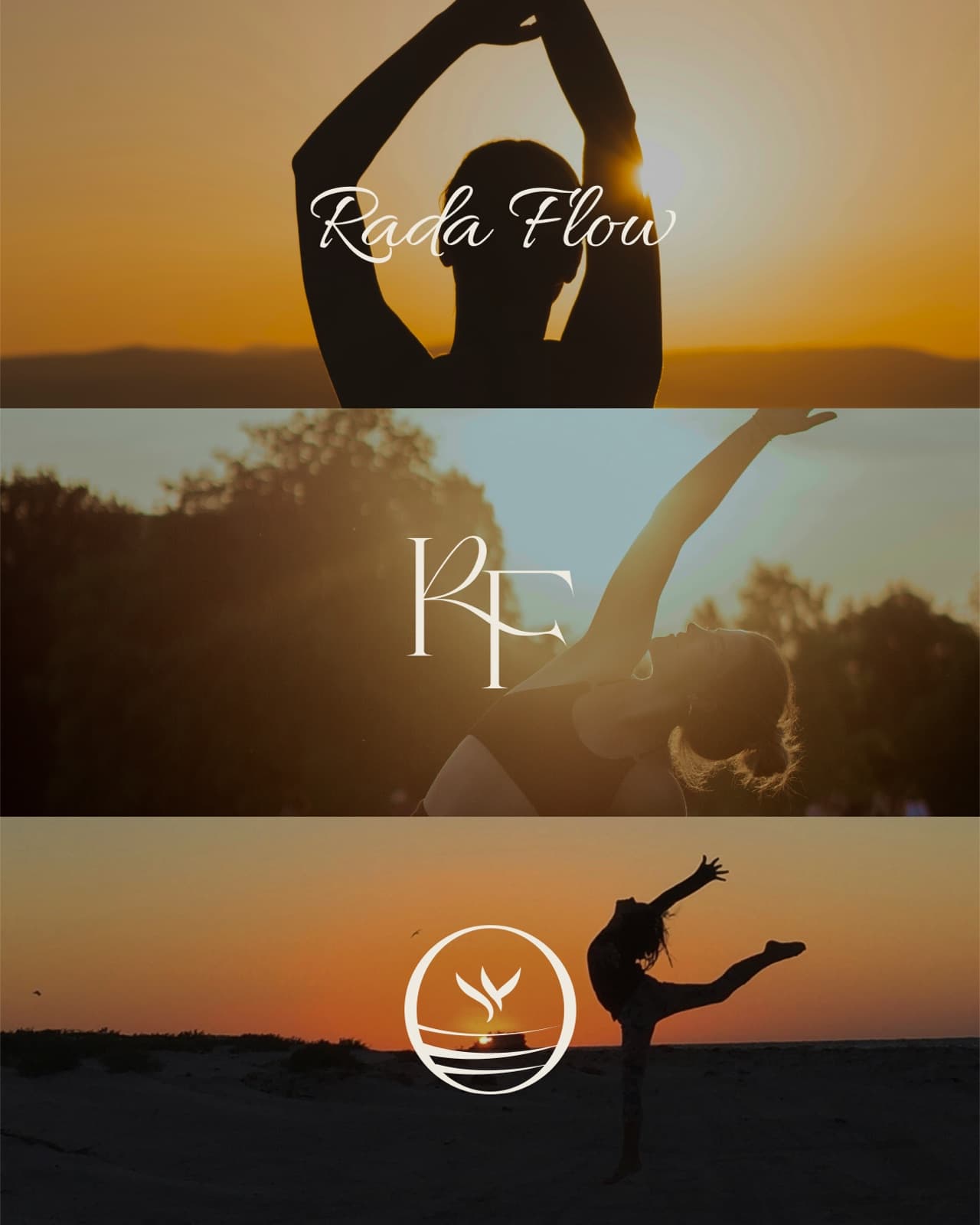 Stacked Rada Flow sunset frames with script wordmark, RF monogram, and circular brand stamp