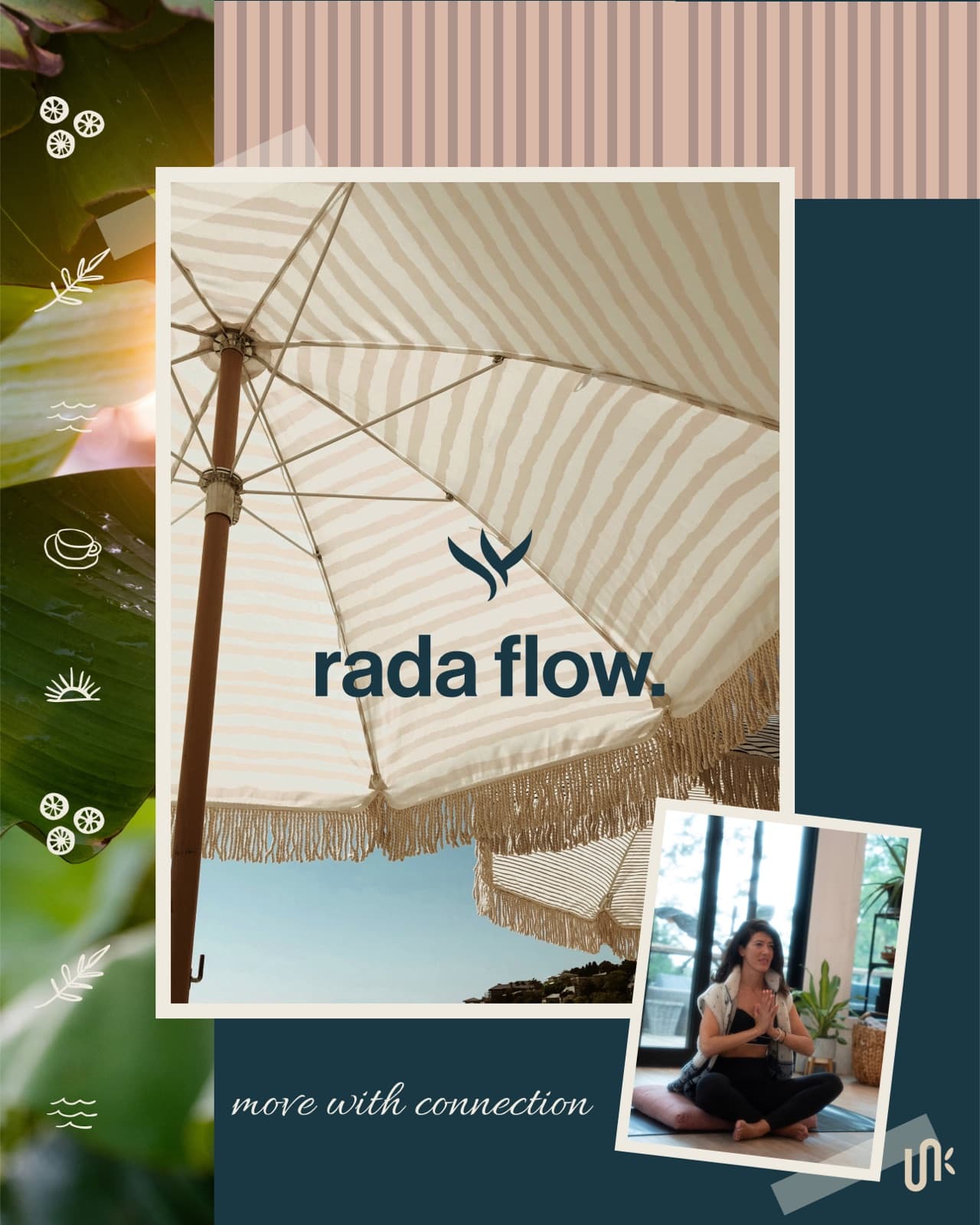 Rada Flow brand collage with umbrella photography, yoga inset, and move with connection script