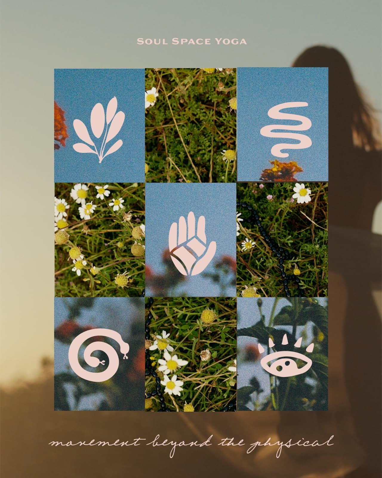 Soul Space Yoga icon grid alternating custom symbols with chamomile photography
