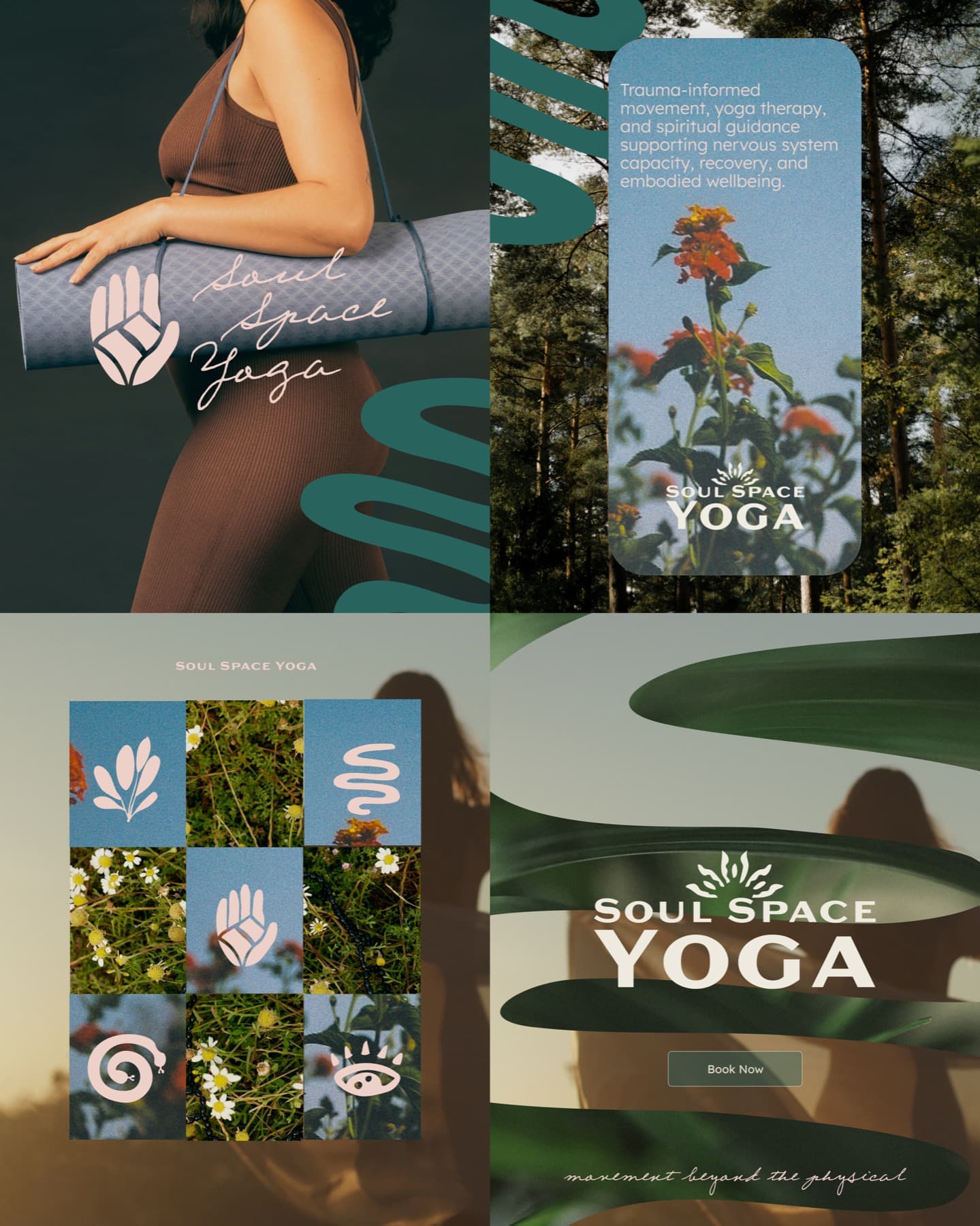 Four-panel Soul Space Yoga brand system showing lifestyle lockup, story board, icon grid, and leaf-framed mark