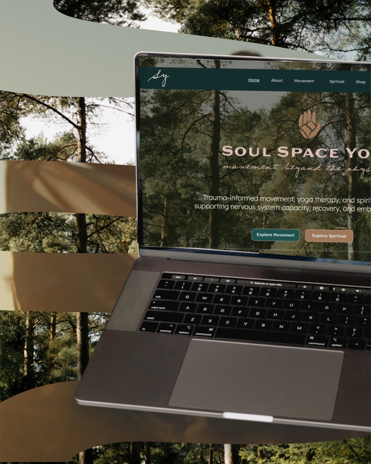 Laptop website mockup for Soul Space Yoga set against a pine forest with organic brand shapes