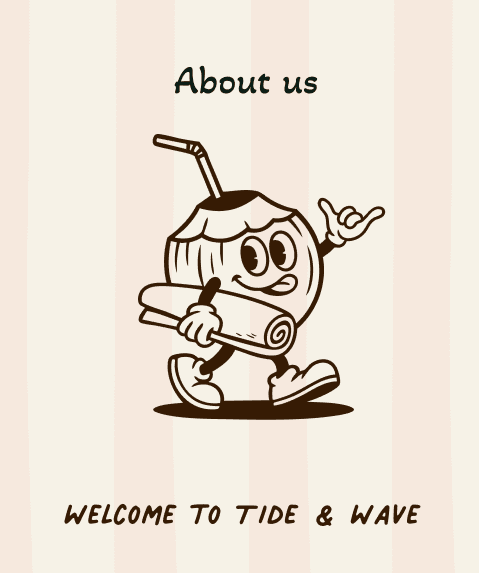 Tide and Wave illustrated coconut mascot on a soft striped background
