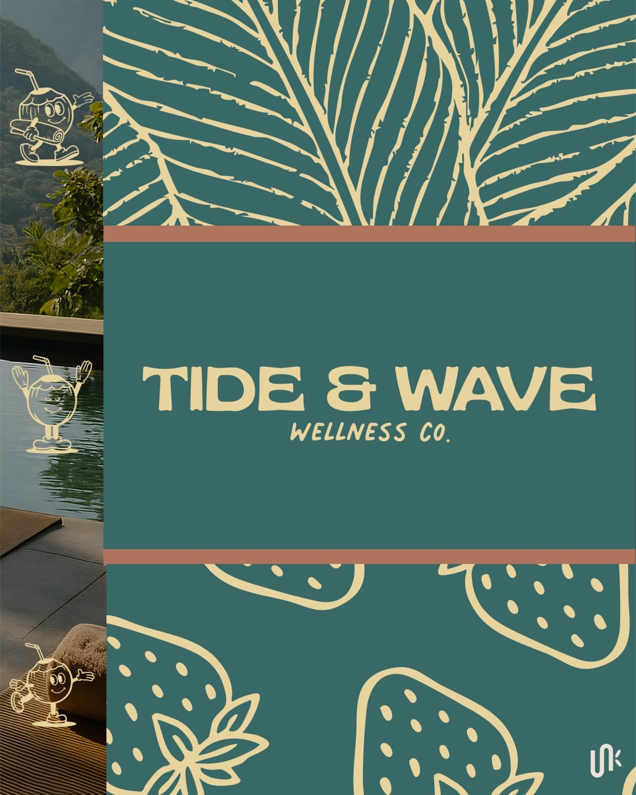 Tide And Wave wordmark between leaf and strawberry pattern fields with coconut mascots
