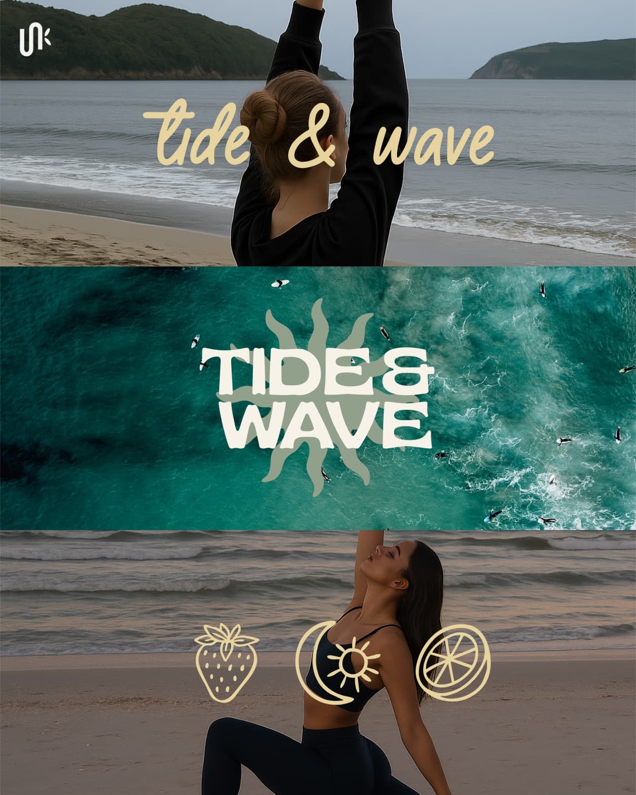 Stacked Tide And Wave lifestyle frames with script wordmark, aerial surf lockup, and custom icons