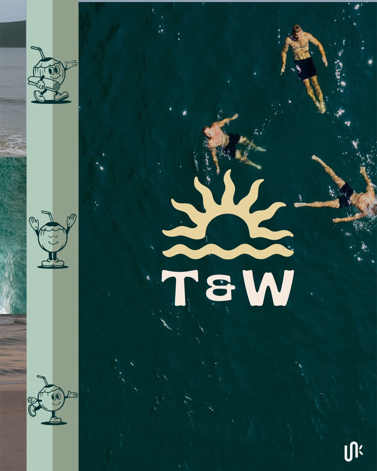 T and W sun mark over aerial swimming photography with coconut mascot sidebar