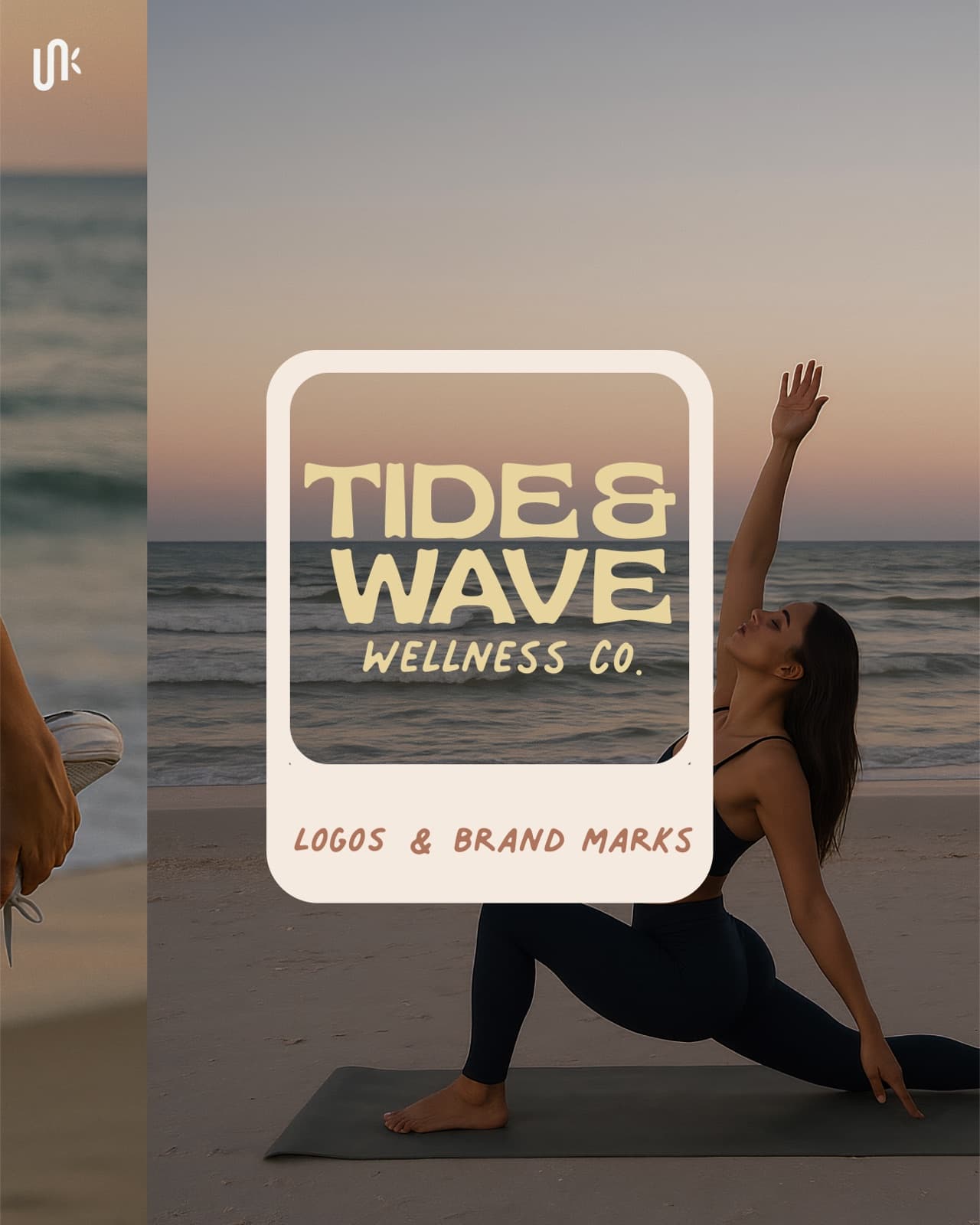 Tide And Wave logos and brand marks card over beach yoga photography