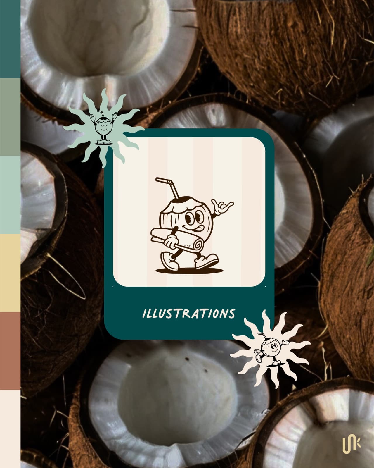 Tide And Wave coconut mascot illustration card over coconut photography